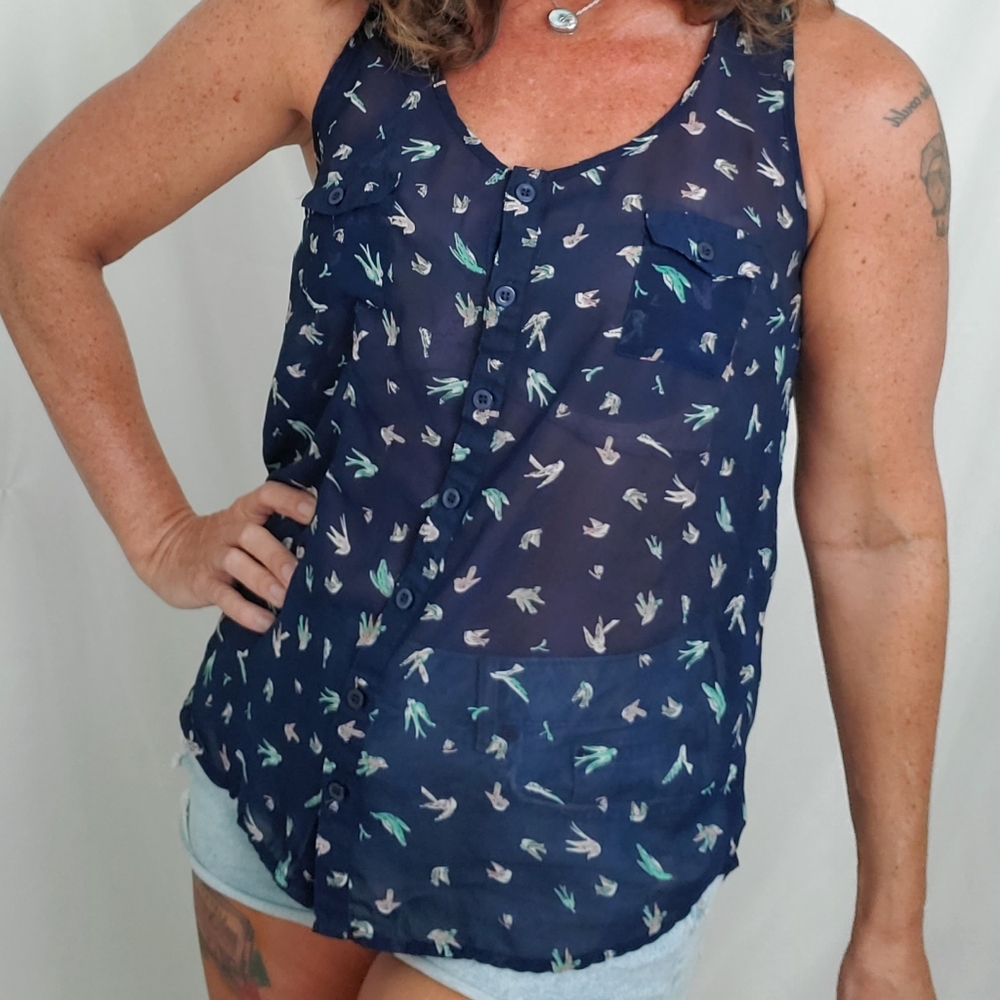 Mine sheer navy bird print sleeveless button down